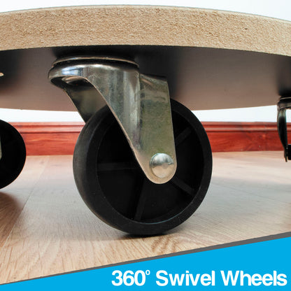 Close-up of a caster wheel under a platform or bed frame, showing a black swivel wheel with a metal bracket and wood-toned base. A blue text banner at the bottom reads '360° Swivel Wheels'.
