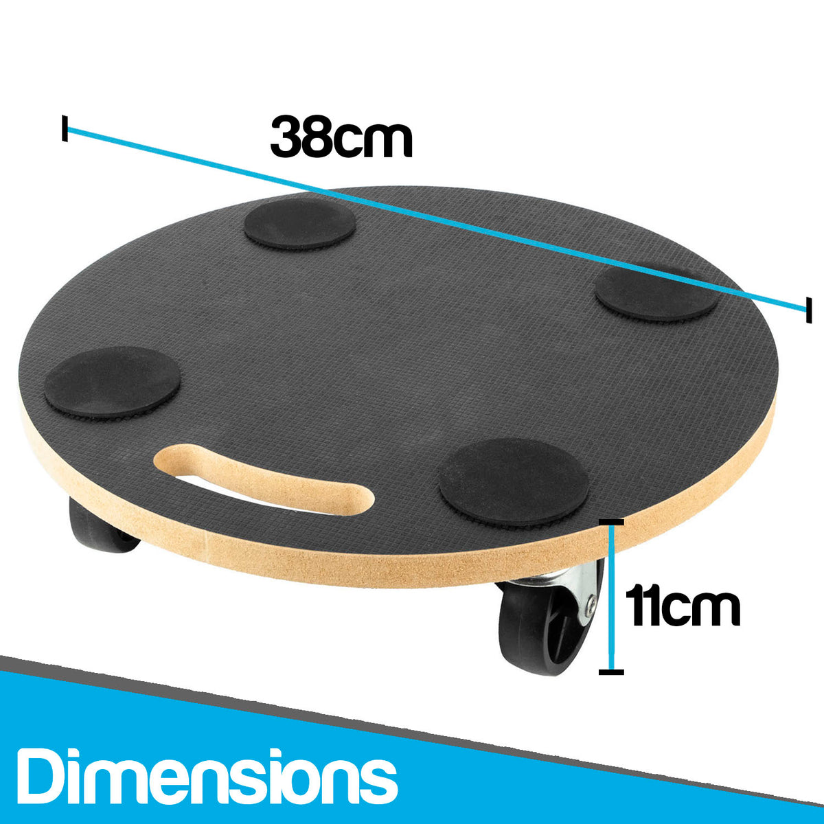 Round black and wood rolling platform with caster wheels, shown with dimension labels indicating 38 cm width and 11 cm height.