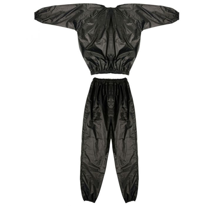 A two-piece black sauna suit consisting of a cropped, wide-sleeved top with an elasticated hem and matching tapered pants with elastic cuffs, shown flat on a white background.