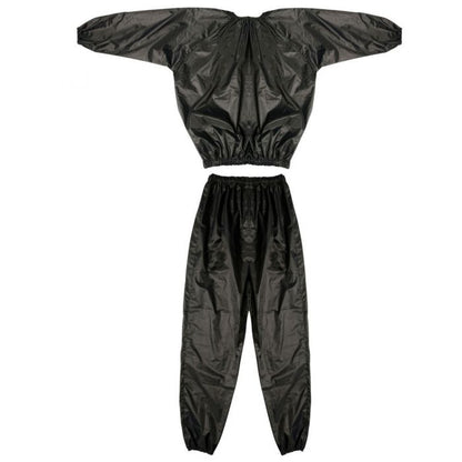 A two-piece black sauna suit consisting of a cropped, wide-sleeved top with an elasticated hem and matching tapered pants with elastic cuffs, shown flat on a white background.