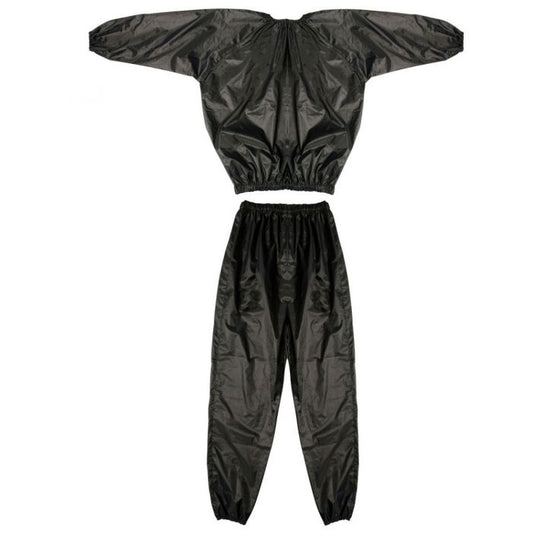A two-piece black sauna suit consisting of a cropped, wide-sleeved top with an elasticated hem and matching tapered pants with elastic cuffs, shown flat on a white background.