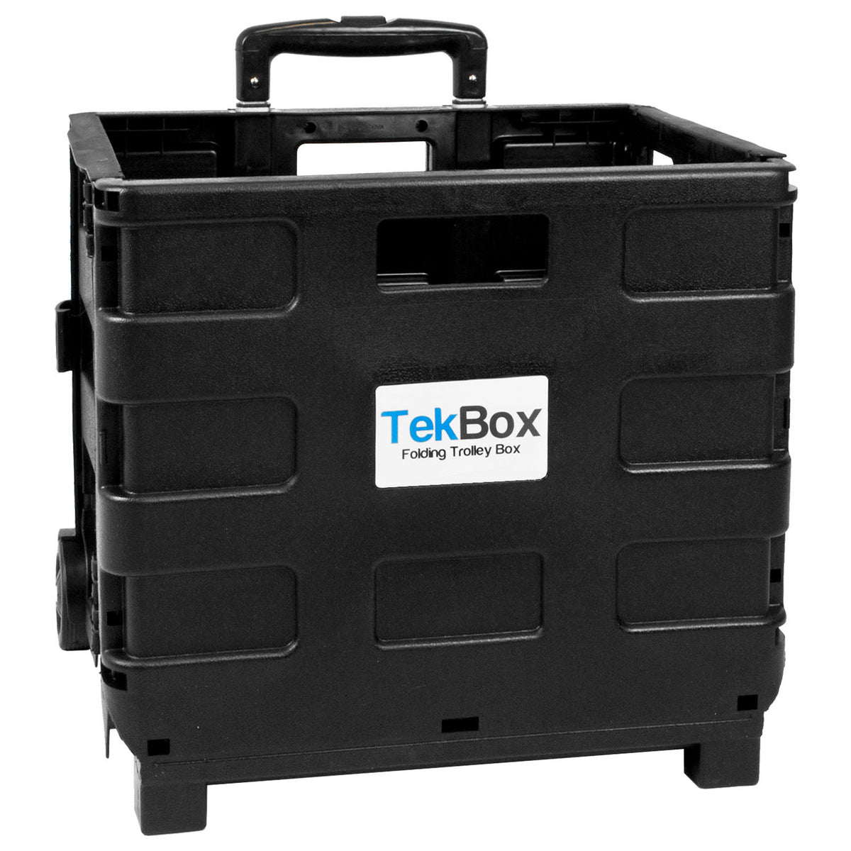 A black TekBox folding utility cart or rolling storage box with a top handle, shown on a plain white background. A white brand label is visible on the front.