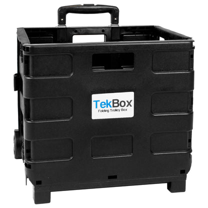 A black TekBox folding utility cart or rolling storage box with a top handle, shown on a plain white background. A white brand label is visible on the front.