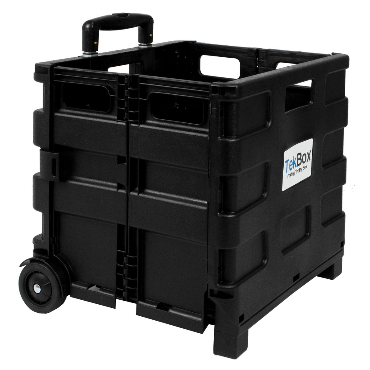 Black Folding Shopping Trolley Box with wheels and top handle, shown on a white background. A white TexBox logo sticker is visible on the side.