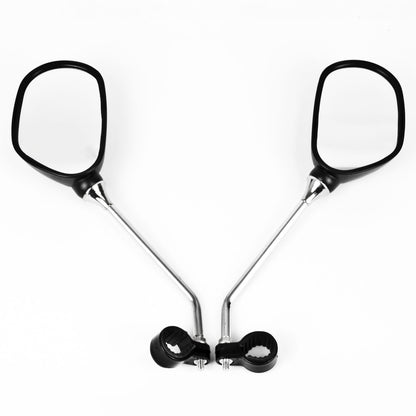 A pair of Bike & Mobility Scooter rear view mirrors with black plastic housings and stems, featuring silver metal mounting arms and black clamp bases, shown on a plain white background.