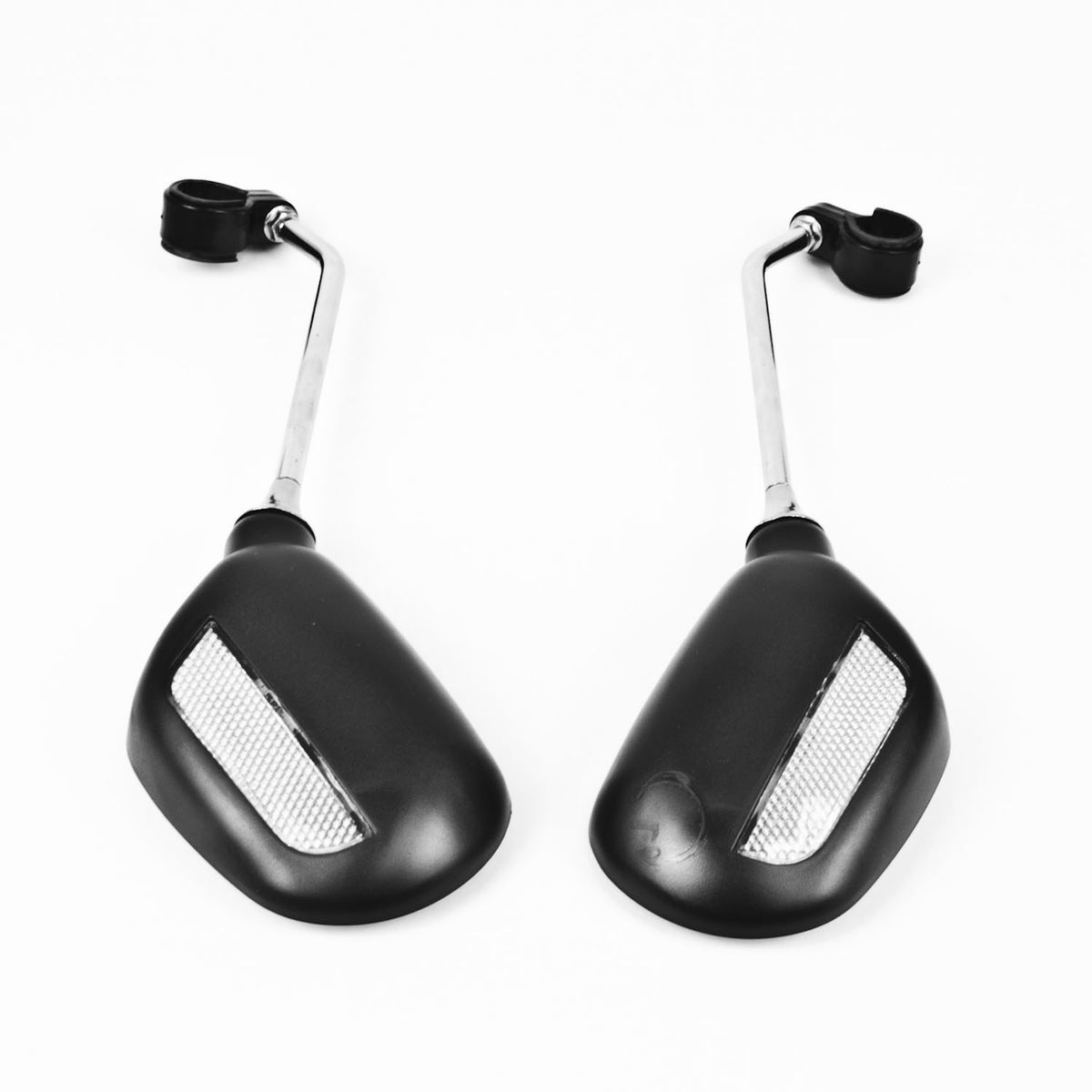 A pair of black Bike & Mobility Scooter rear view mirrors with silver mounting stems and black clip mounts, shown on a plain white background.