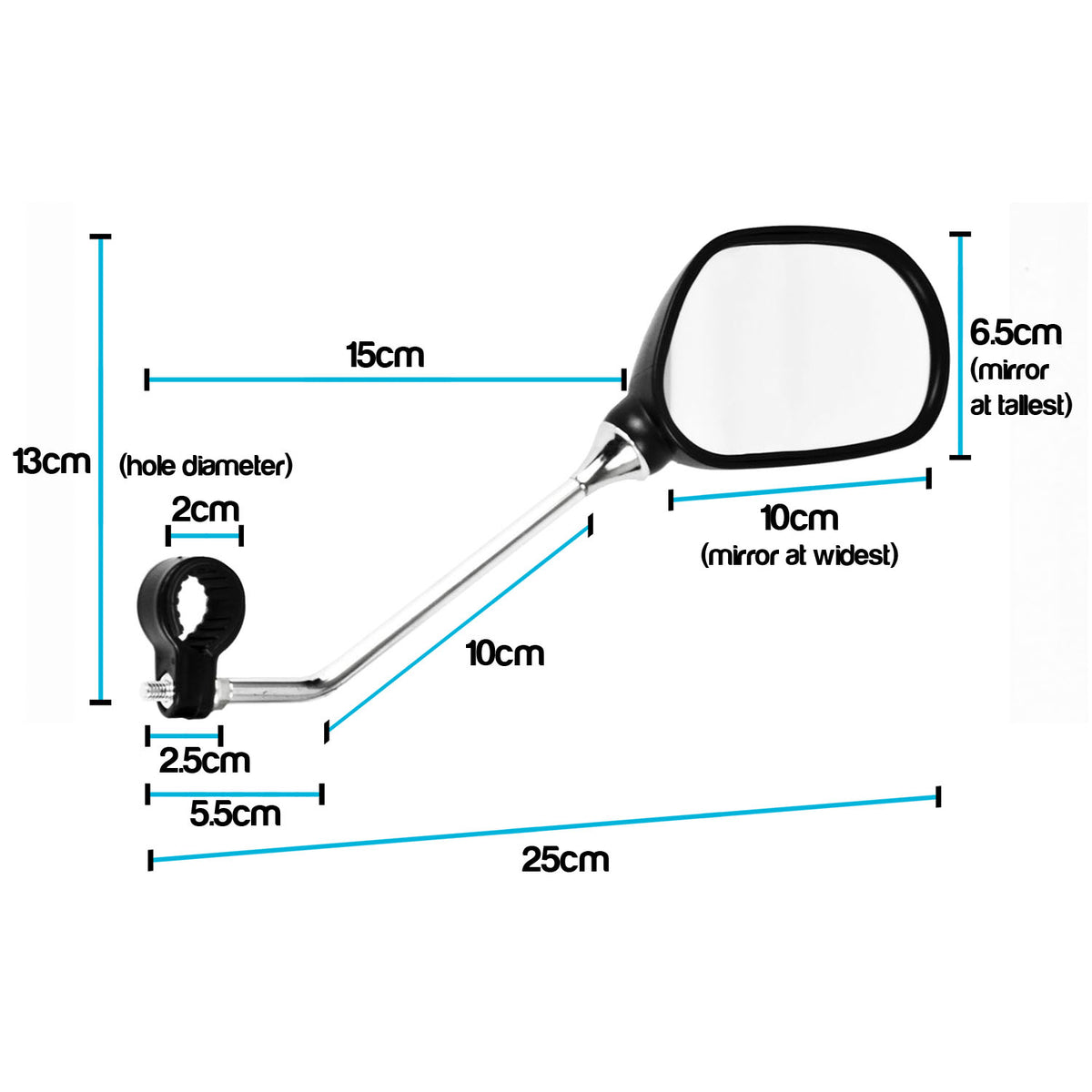 A dimension diagram of a bike and Mobility scooter side mirror with a black housing, silver mounting arm, and black frame, showing measurements such as 25cm, 15cm, 10cm, 6.5cm, and 13cm on a white background.