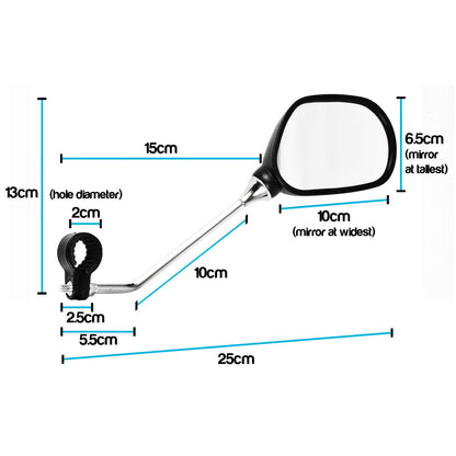 A dimension diagram of a bike and Mobility scooter side mirror with a black housing, silver mounting arm, and black frame, showing measurements such as 25cm, 15cm, 10cm, 6.5cm, and 13cm on a white background.