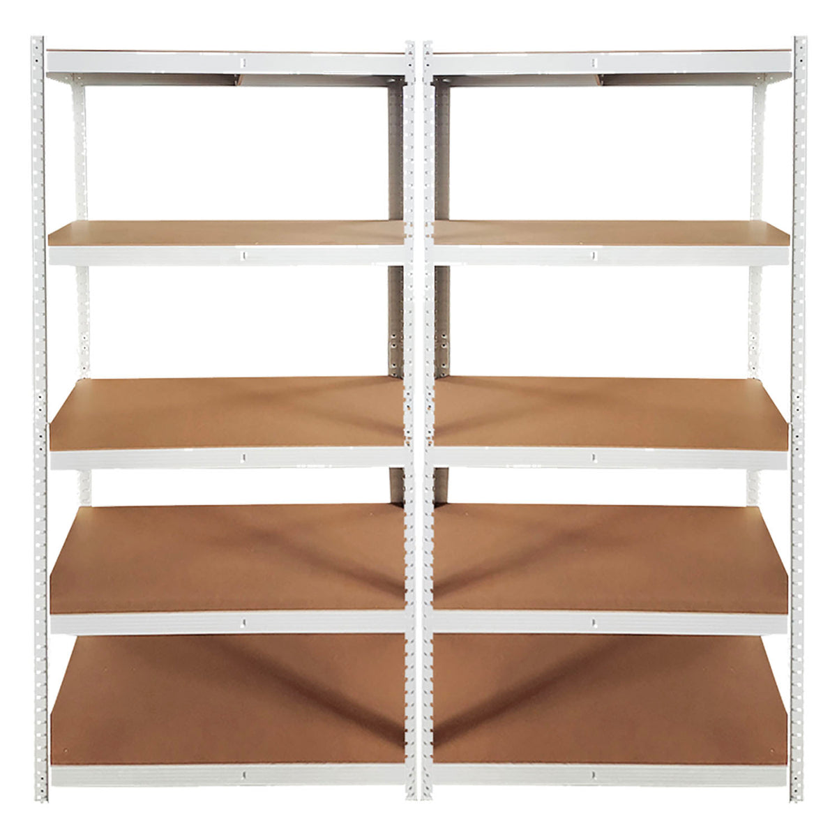 A 5-tier industrial shelving unit with white metal uprights and brown wood-look shelves, shown against a plain white background.