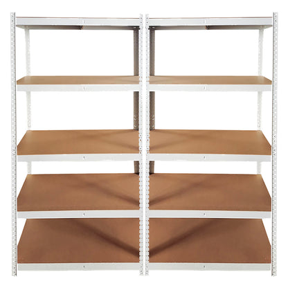A 5-tier industrial shelving unit with white metal uprights and brown wood-look shelves, shown against a plain white background.