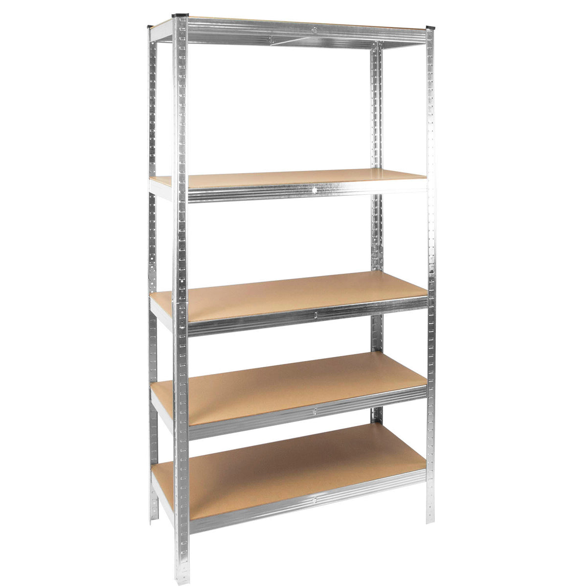 A five-tier industrial shelving unit with a silver steel frame and light brown cardboard shelves, shown on a plain white background.