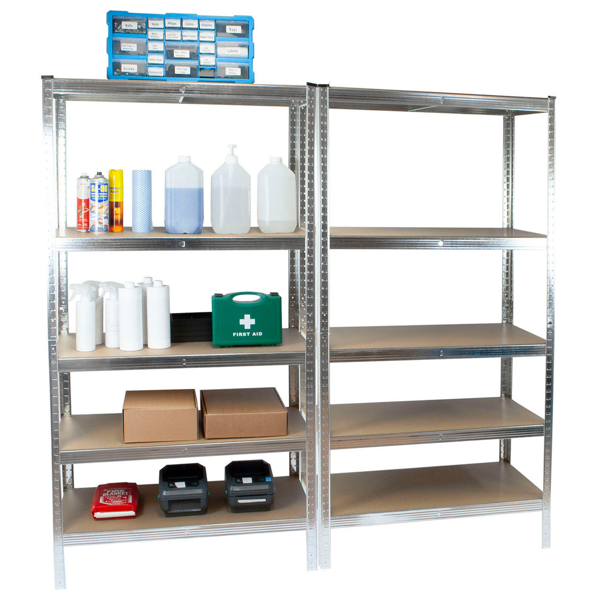A tall silver metal industrial shelving unit with five shelves, shown empty on a white background. The shelving unit is displayed alongside a second, similar shelving unit that is partially filled with various storage containers, boxes, and a blue organizer tray.