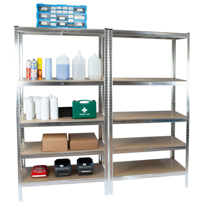 A tall silver metal industrial shelving unit with five shelves, shown empty on a white background. The shelving unit is displayed alongside a second, similar shelving unit that is partially filled with various storage containers, boxes, and a blue organizer tray.