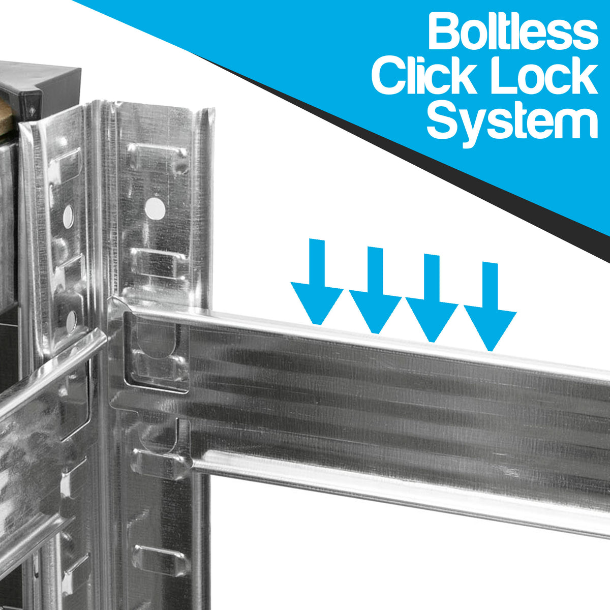 Close-up of a metallic hardware corner joint with blue arrow icons and the text 'Boltless Click Lock System' on a white and blue graphic background.