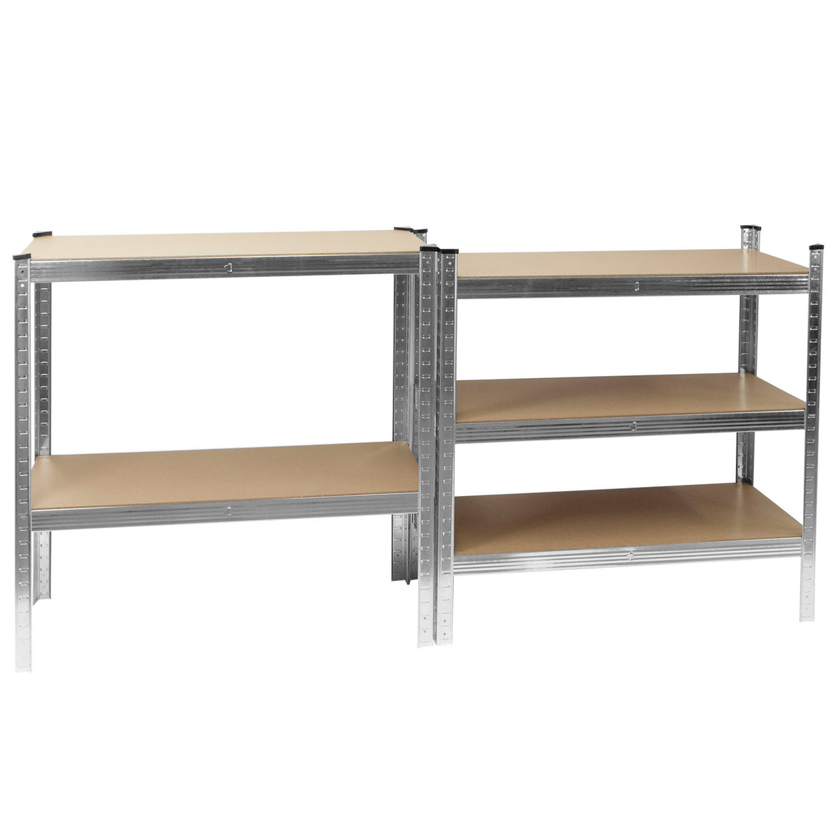 A modular industrial shelving unit with a silver galvanized steel frame and light tan wood-look shelves, shown on a plain white background.