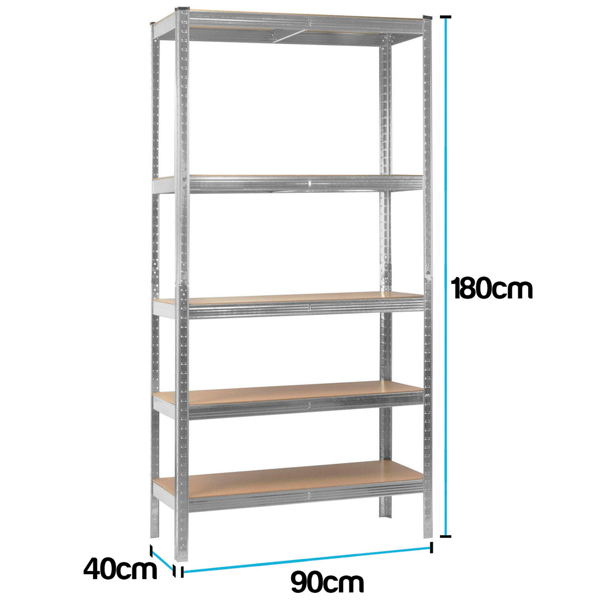 A five-tier metal storage rack with wood-look shelves, shown with dimension labels indicating 180cm height, 90cm width, and 40cm depth.
