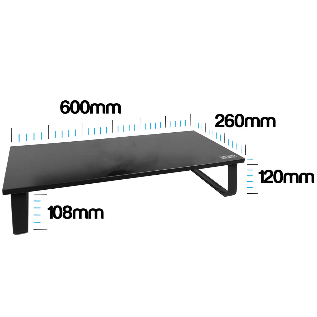 Black rectangular desk or monitor stand with leg, shown on a white background with overlaid dimension labels and measurement lines indicating 600mm length, 260mm width, 120mm height, and 108mm leg depth.