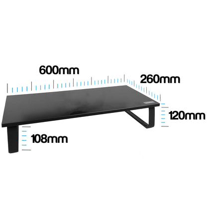Black rectangular desk or monitor stand with leg, shown on a white background with overlaid dimension labels and measurement lines indicating 600mm length, 260mm width, 120mm height, and 108mm leg depth.
