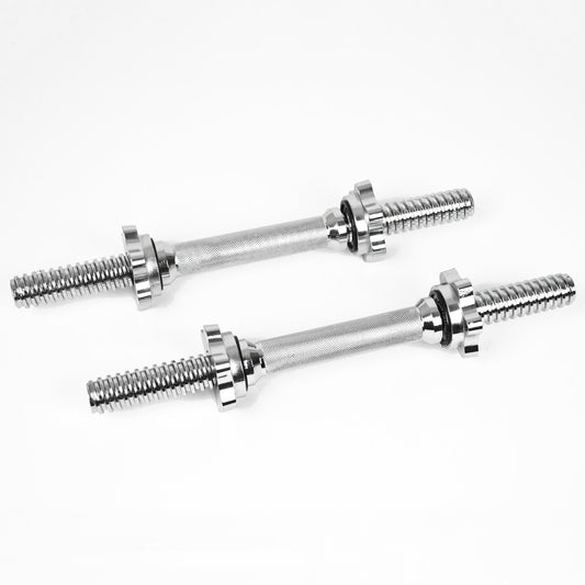 Two 14in  chrome dumbbell handles with knurled grips and threaded ends, photographed on a clean white background.