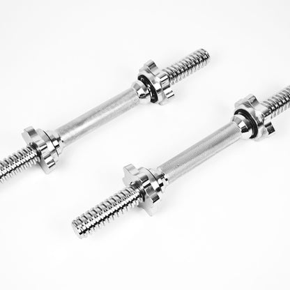 Two silver chrome adjustable dumbbells with knurled handles and threaded ends, shown on a clean white background.