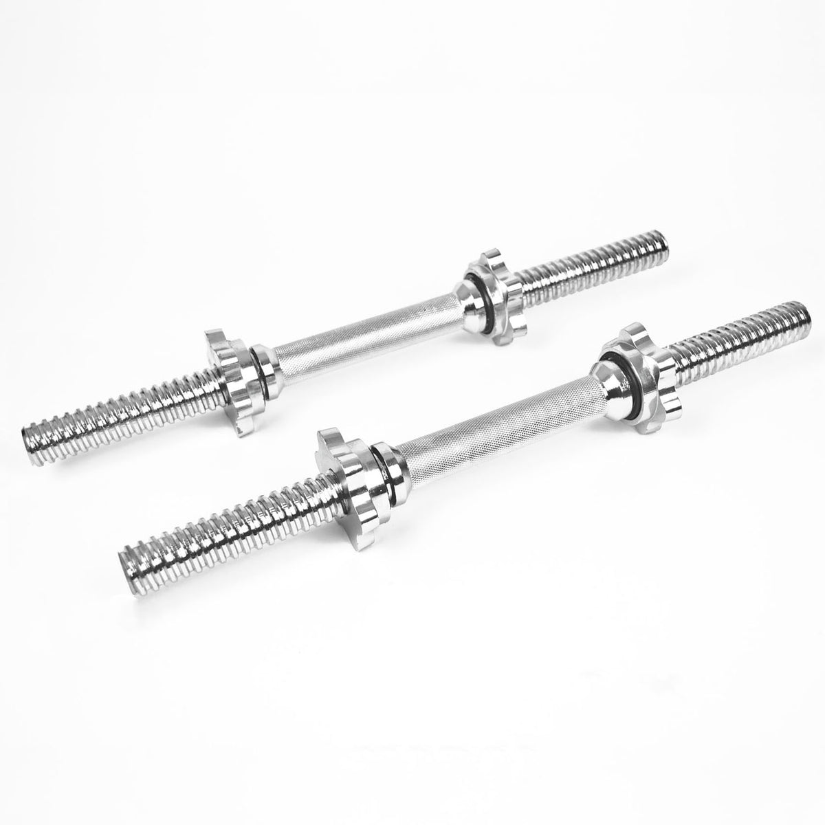 Two 16in silver chrome adjustable dumbbells with threaded ends and weight plates, displayed on a clean white background.