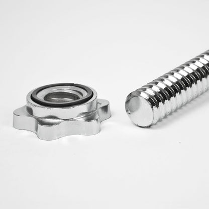 A close-up of a silver metal dumbbell rod and matching star-shaped nut on a clean white background.
