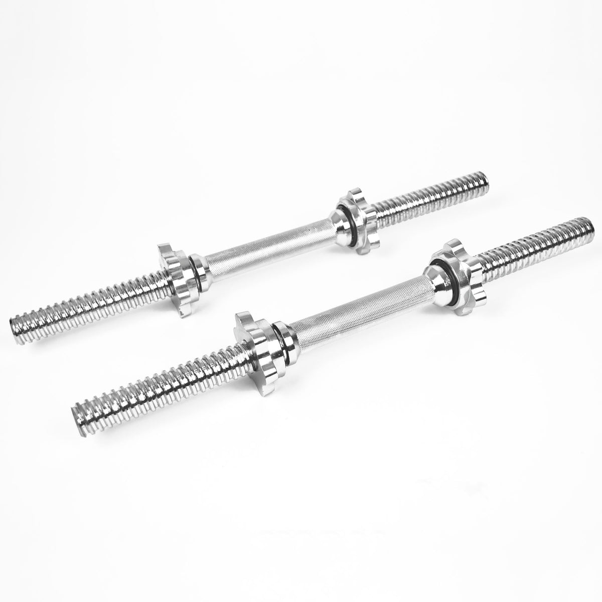 Two 18in chrome-plated steel threaded rods with knurled adjustment nuts, shown on a clean white background.