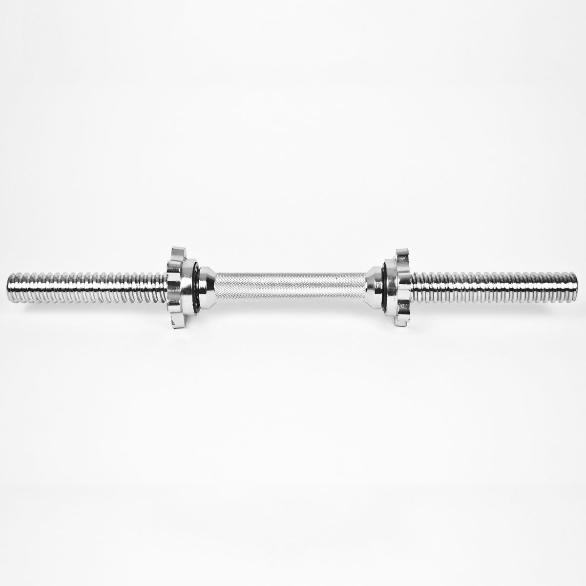 A polished steel threaded rod with two hex nuts on each end, shown horizontally against a plain white background.