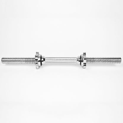 A polished steel threaded rod with two hex nuts on each end, shown horizontally against a plain white background.