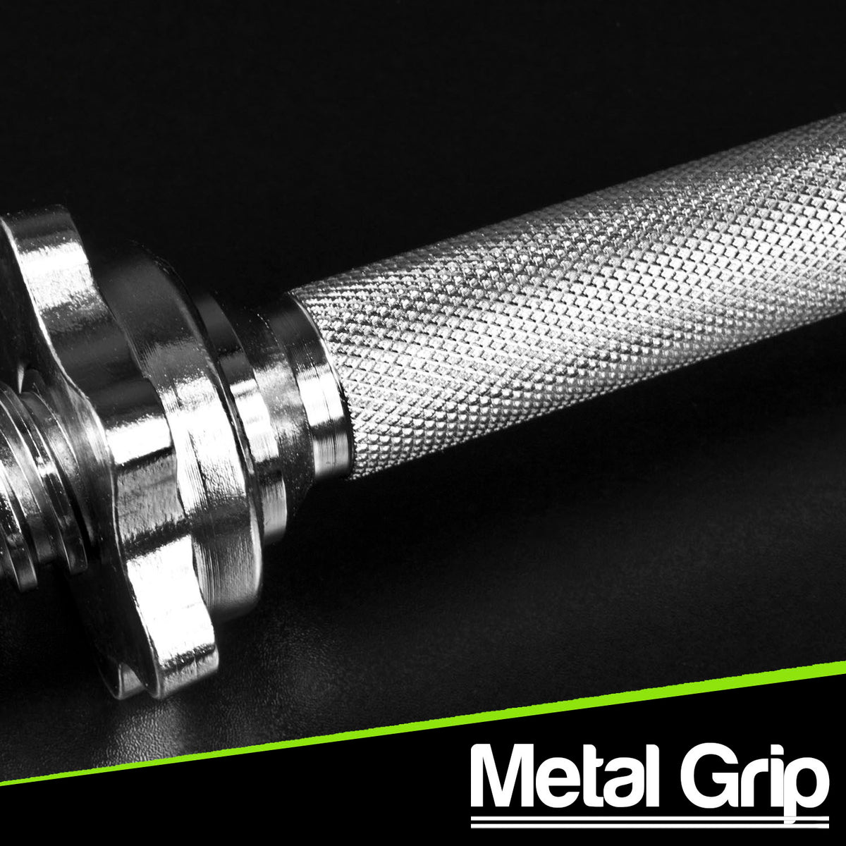 Close-up of a metallic knurled grip handlebar bar end on a black background with a green diagonal stripe and the text 'Metal Grip' in the bottom right corner.