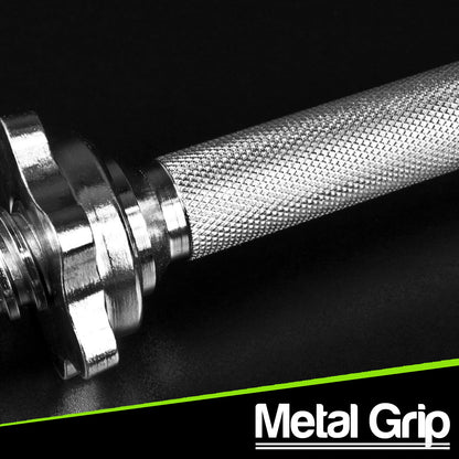 Close-up of a metallic knurled grip handlebar bar end on a black background with a green diagonal stripe and the text 'Metal Grip' in the bottom right corner.