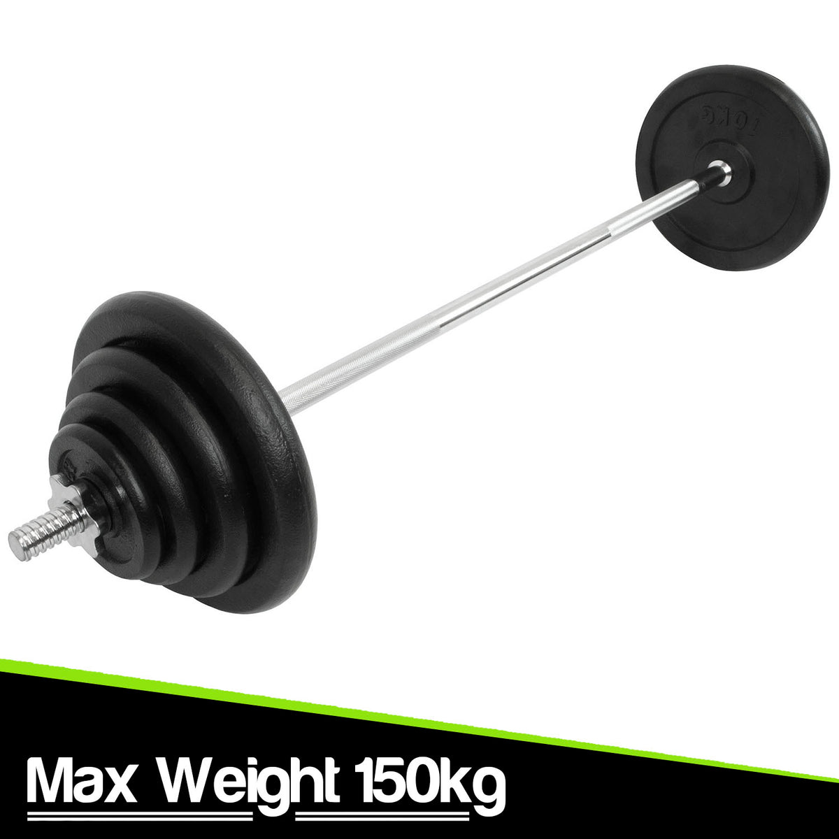 A 150kg adjustable weight barbell with black weight plates and a silver metal bar, shown on a white background with a black banner at the bottom reading 'Max Weight 150kg'.