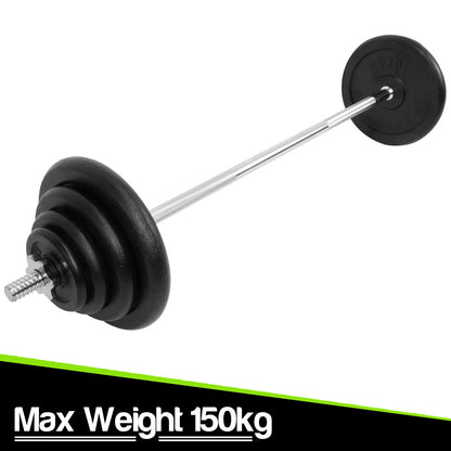A 150kg adjustable weight barbell with black weight plates and a silver metal bar, shown on a white background with a black banner at the bottom reading 'Max Weight 150kg'.