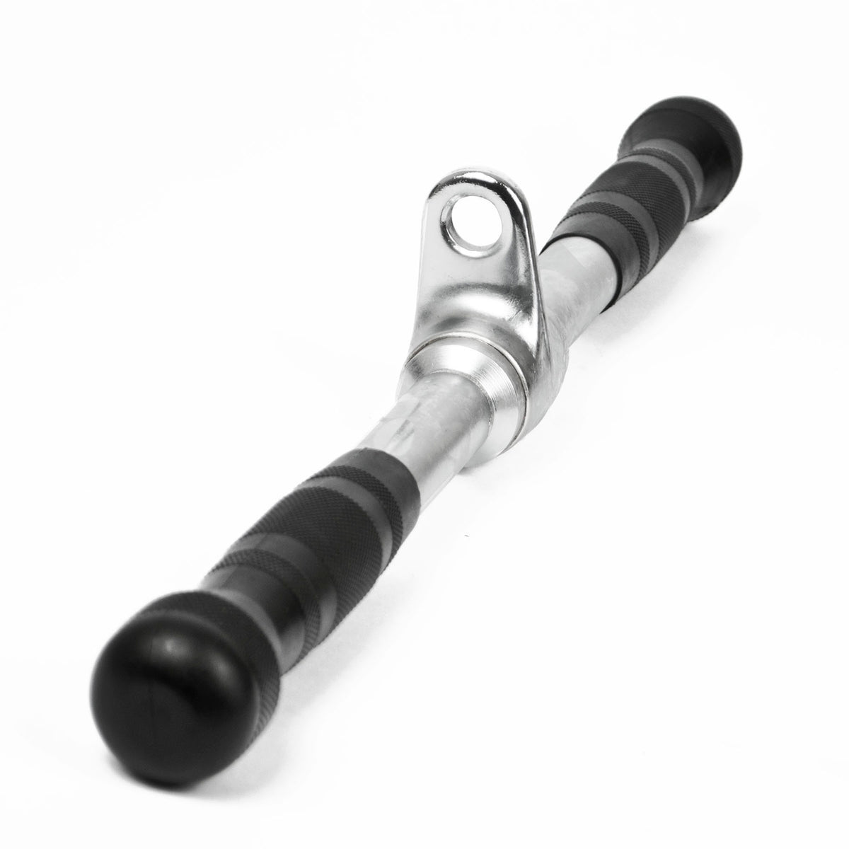 A revolving gym machine attachment with a silver metal center section and black rubber grips on both ends, shown on a plain white background.