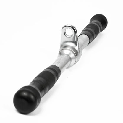 A revolving gym machine attachment with a silver metal center section and black rubber grips on both ends, shown on a plain white background.