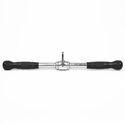 A silver metal pull bar with black textured grips on both ends, shown horizontally against a plain white background.