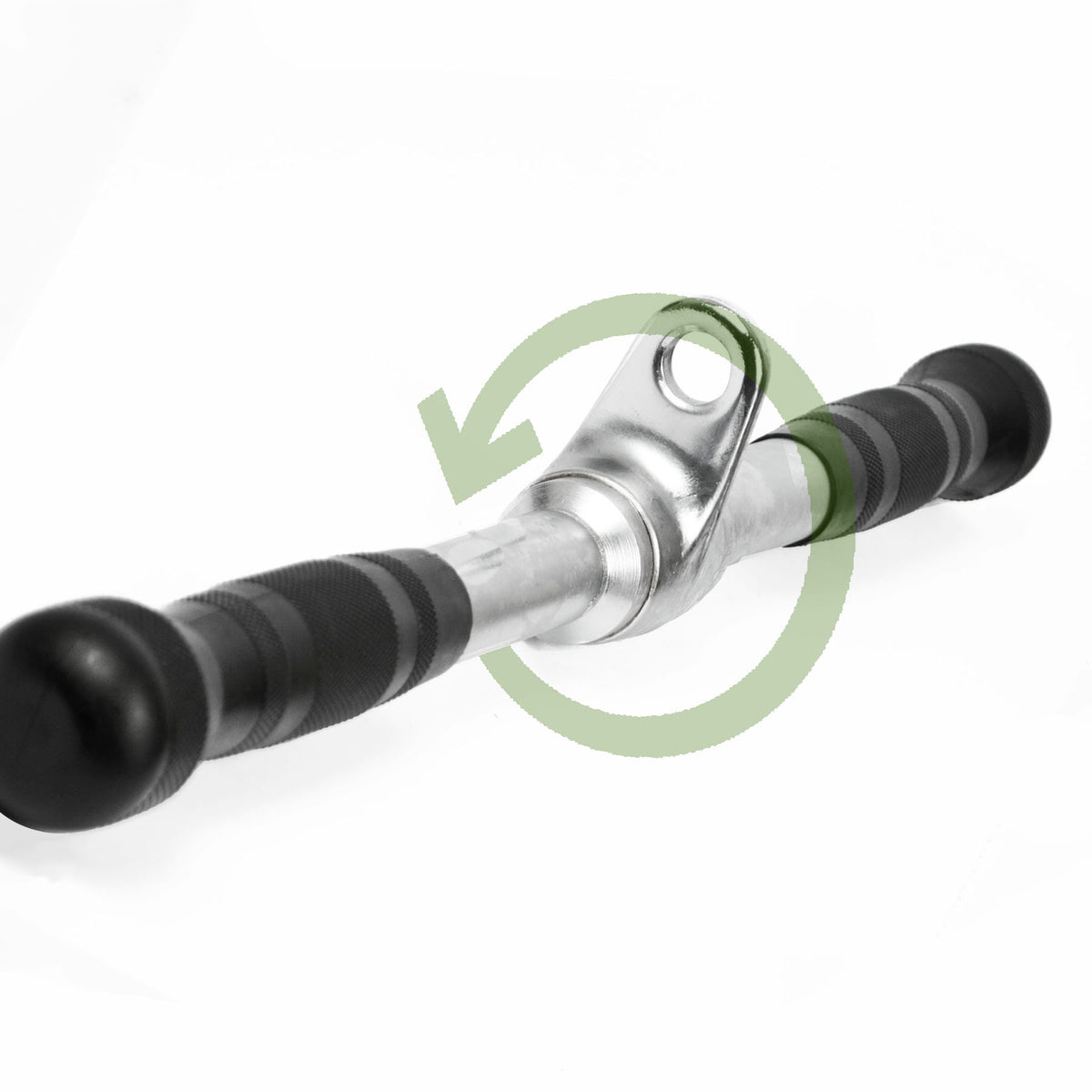 A metal handlebar clamp with black rubber grips on both ends, shown on a white background with a faint green circular arrow graphic.