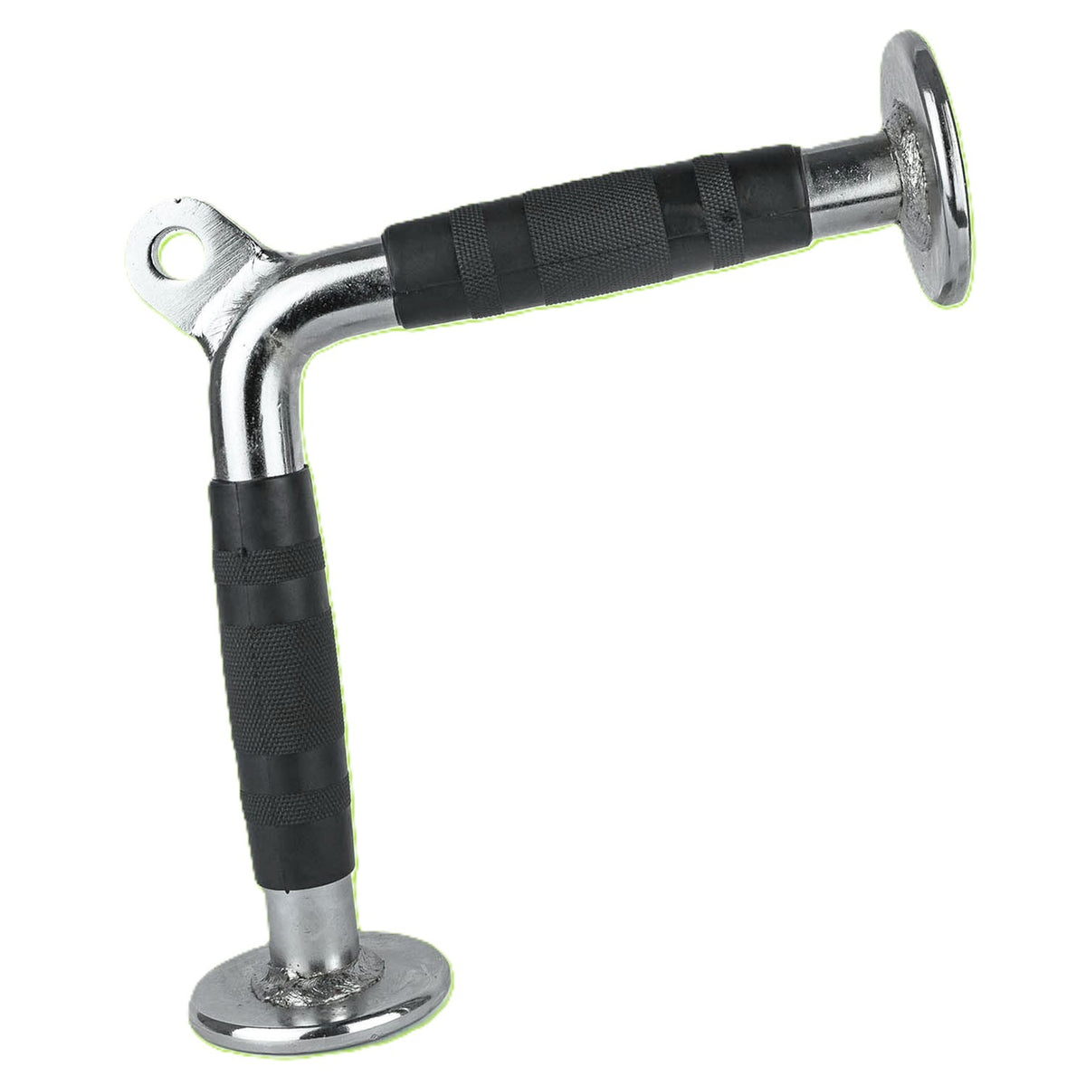 A chrome Tricep Pressdown V Bar Cable Attachment with black textured rubber grips on both handles, shown against a plain white background.