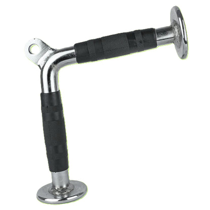 A chrome Tricep Pressdown V Bar Cable Attachment with black textured rubber grips on both handles, shown against a plain white background.