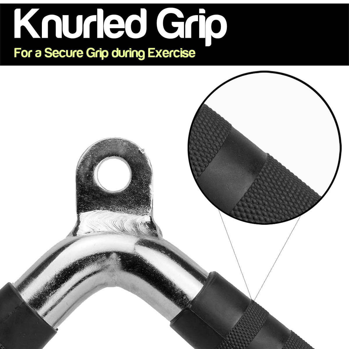 A close-up of a metallic barbell handle with black knurled grip sleeves, plus a circular inset showing the textured grip detail. A black banner at the top reads 'Knurled Grip' and 'For a Secure Grip during Exercise.