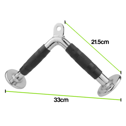 A chrome and black Tricep Pressdown V Bar Cable shown on a white background with green dimension lines indicating a total width of 33cm and a diagonal length of 21.5cm.