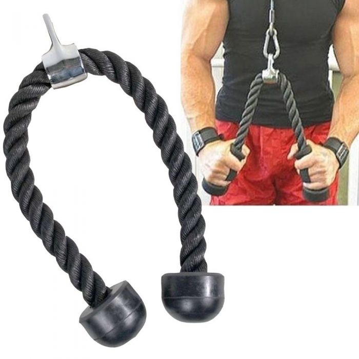 Black twisted rope cable tie-off with black rubber ends and a silver metal hook, shown on a white background with an inset photo of a person using it for cable exercises.