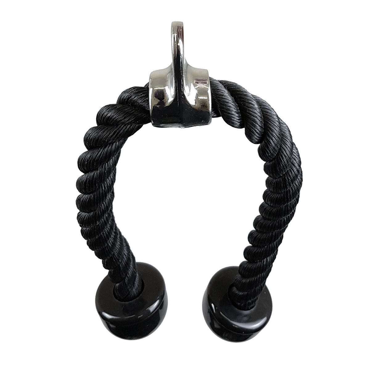 A black twisted rope cable with black circular end caps and a polished silver metal top loop, shown on a plain white background.