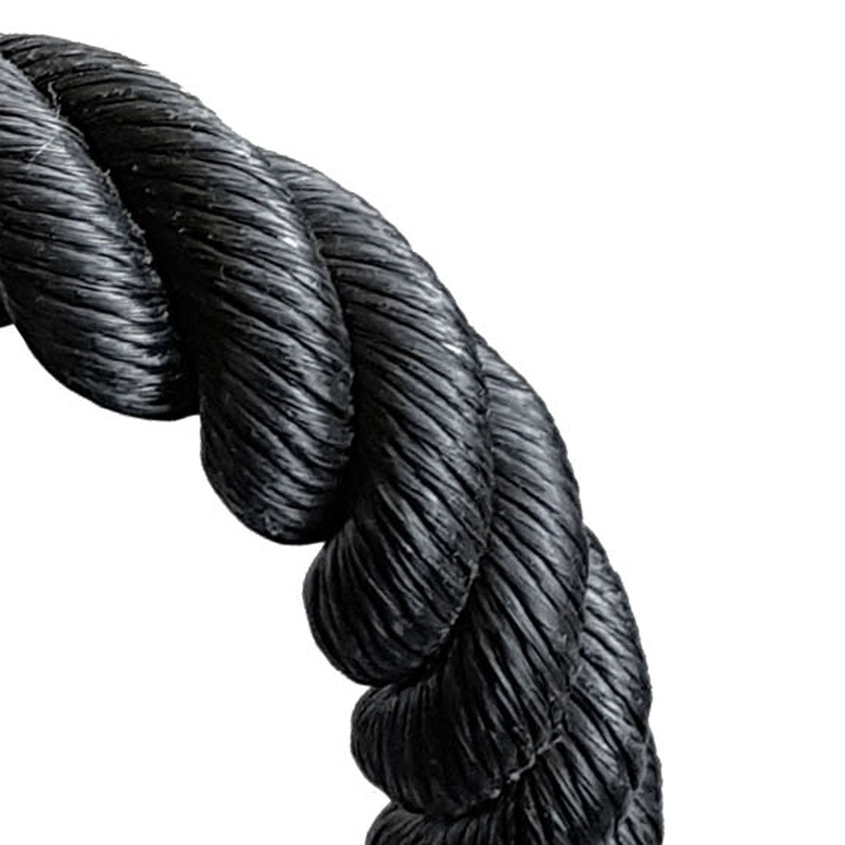 A close-up of a thick, black twisted rope or cable against a plain white background.