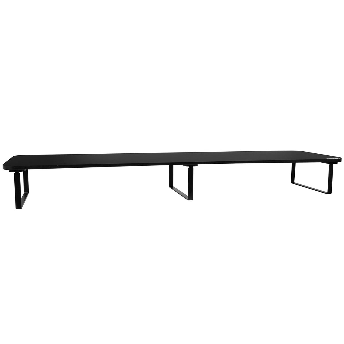 A minimalist black console table with a long rectangular top and three geometric metal legs, shown against a solid white background.
