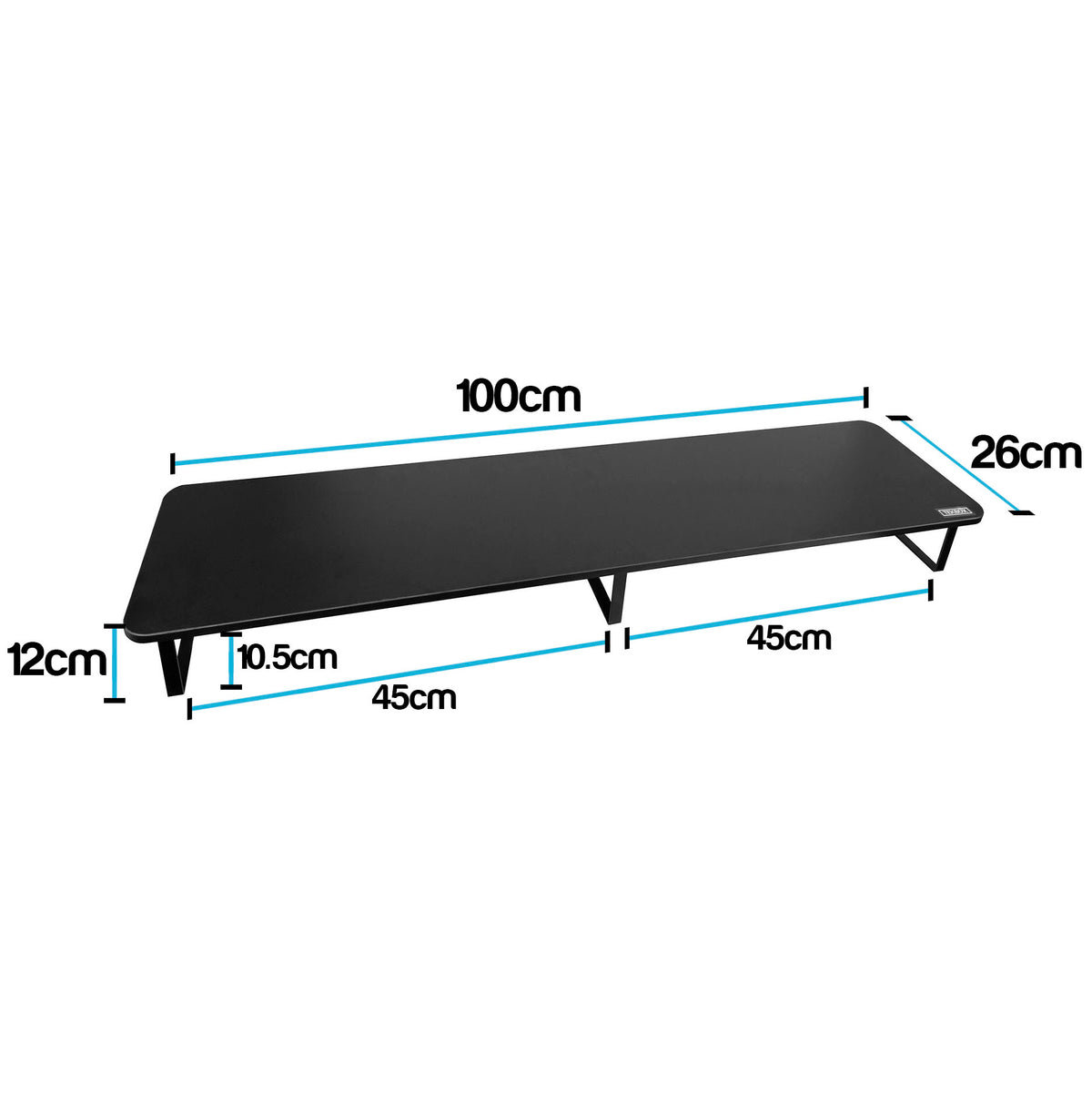 Black monitor riser shown on a white background with blue dimension lines and labels indicating 100cm length, 26cm width, 45cm depth, 12cm leg height, and 10.5cm tabletop-to-leg distance.