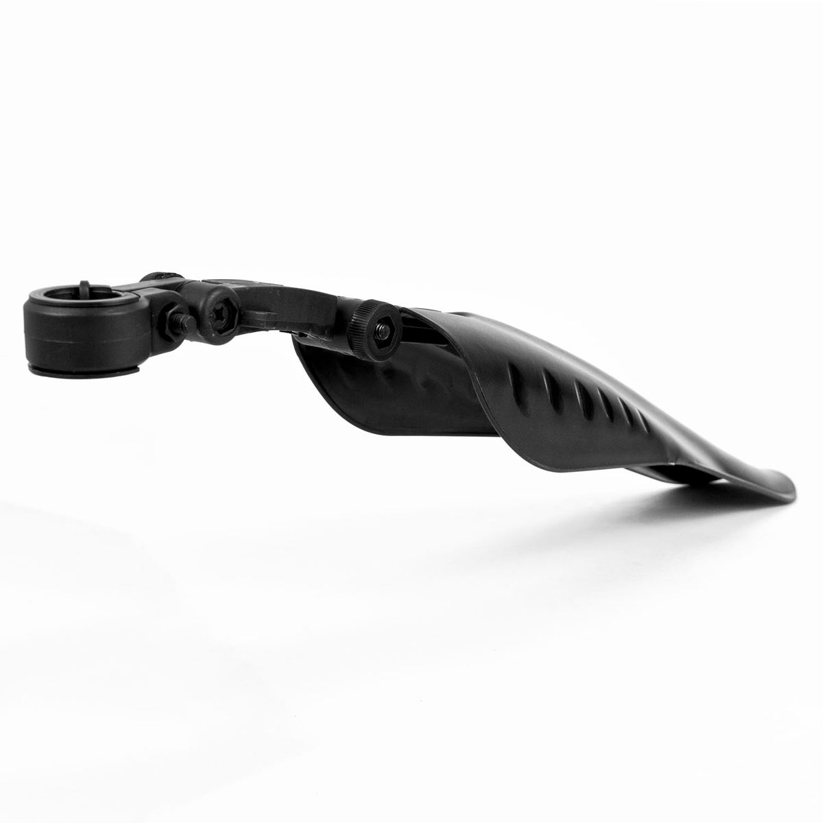 A black plastic rear mudguard splash guard with an integrated mounting bracket, shown on a clean white background.