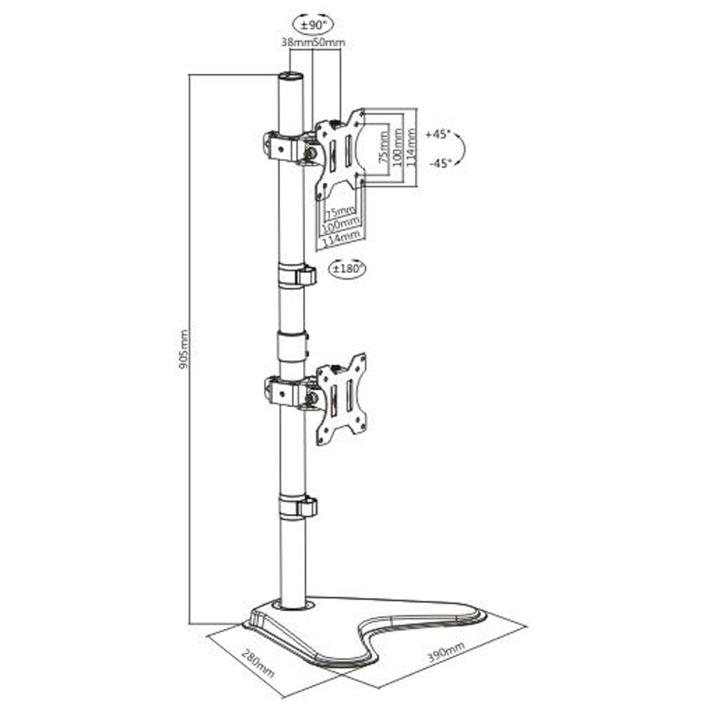 Black and white technical line drawing showing dimensions and mounting angles of a monitor stand, with measurements in millimeters and degree indicators.