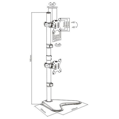 Black and white technical line drawing showing dimensions and mounting angles of a monitor stand, with measurements in millimeters and degree indicators.