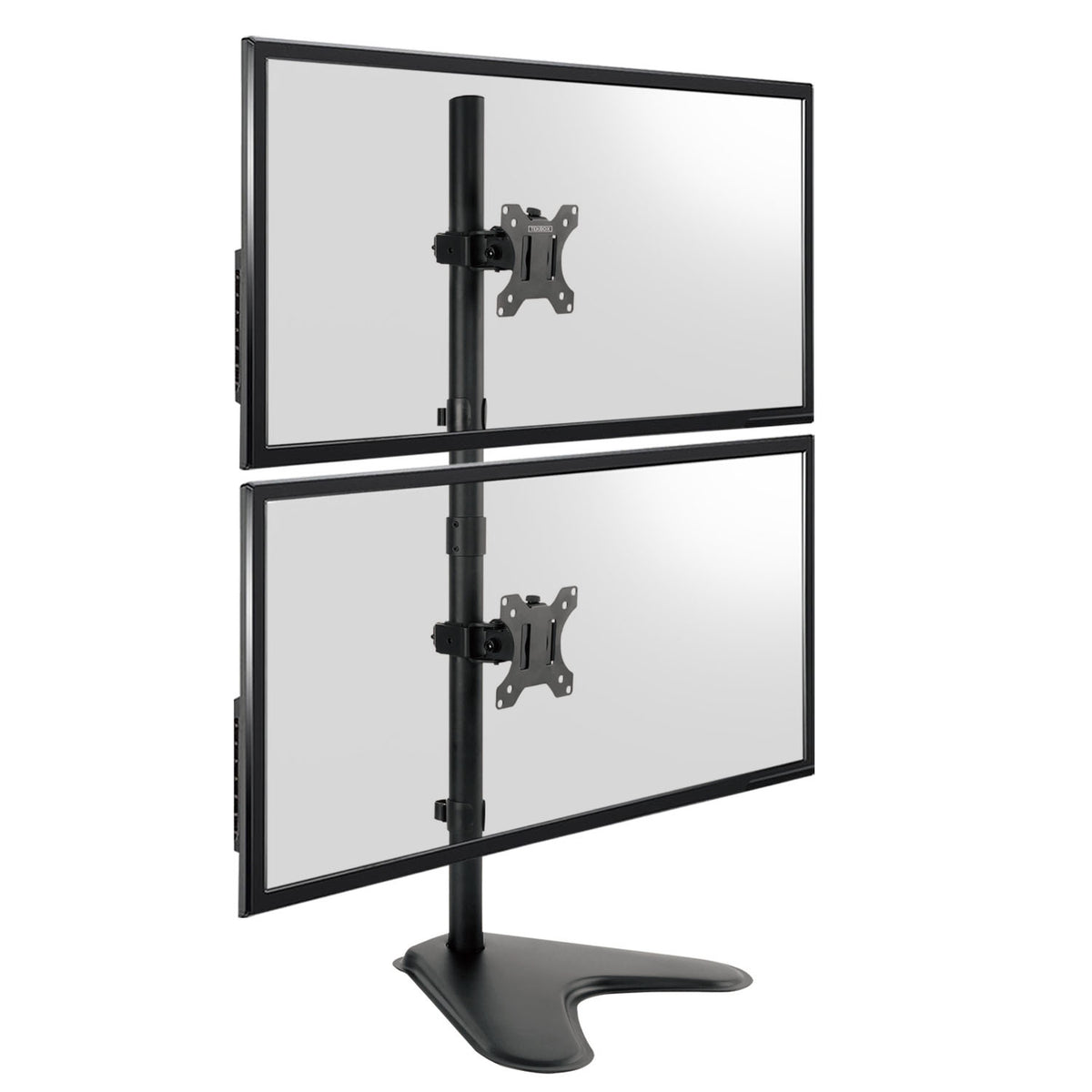 A dual monitor stand with two adjustable flat-screen displays mounted on a black central pole and curved base, shown on a plain white background.